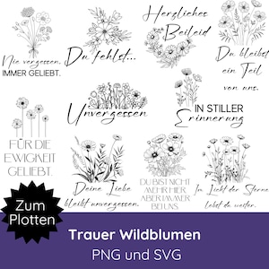 Fichier de plottage de paquet de deuil Fleurs sauvages avec dicton SVG PNG · Dictons de deuil allemands · SVG d'adieu · Coussin de fleurs sauvages, carte de deuil, bougie