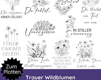 Pacchetto di lutto, file plotter, fiori selvatici con frase SVG PNG · Frasi di lutto tedesche · Addio SVG · Cuscino con fiori selvatici, biglietto di lutto, candela