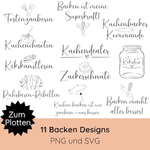 Può includere: Un set di 11 design SVG e PNG in bianco e nero a tema cottura. I design includono testo come "Tortenzauberin", "Kuchenchaotin", "Kekskünstlerin", "Kuchenbäcker Kommando", "Kuchendealer", "Zuckerschnute", "Keksdose", "Rührbesen-Rebellin", "Backen ist meine Superkraft!" e "Backen macht alles besser!"