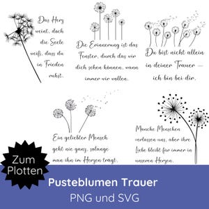 Fichier de traceur de paquet de deuil pissenlits avec dicton SVG PNG · Dictons de deuil allemands · Adieu SVG · Oreiller de pissenlit, carte de deuil, bougie