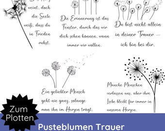 Mourning Bundle Plotter File Dandelions with Saying SVG PNG · German Mourning Sayings · Farewell SVG · Dandelion Pillow, Mourning Card, Candle