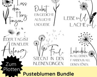 May include: A set of 10 black and white dandelion SVG and PNG files with inspirational quotes. The quotes include "Let your heart dance", "You are a poem written in light and love", "Live wild, laugh a lot", "Every day is a new beginning", "Joy is in the little things", and "Love you in all your colors, in all your tones".