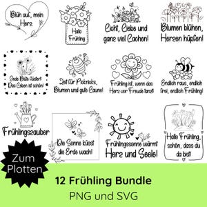 Puede incluir: Un conjunto de 12 diseños primaverales en blanco y negro con diversas ilustraciones florales y de la naturaleza. Cada diseño incluye texto en alemán, como "Hallo Frühling" y "Frühlingszauber". El paquete está disponible en formatos PNG y SVG.
