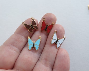 Vintage enamel butterfly pendants - white, blue, red, brown butterfly charms