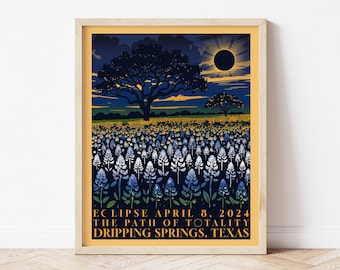 Dripping Springs Total Solar Eclipse 2024 Poster | Texas Eclipse | Path of Totality Poster | Bluebonnet Eclipse Poster | Eclipse Art Print |