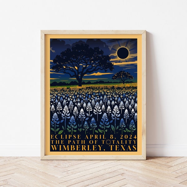 Wimberley Total Solar Eclipse 2024 Poster | Texas Eclipse | Path of Totality Poster | Bluebonnet Eclipse Poster | Eclipse Art Print |