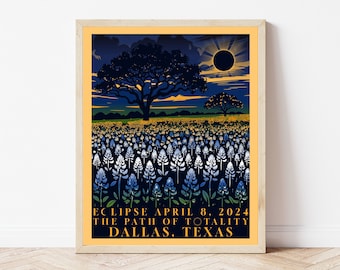Dallas, Texas Total Solar Eclipse 2024 Poster | Texas Eclipse | Path of Totality Poster | Bluebonnet Eclipse Poster | Eclipse Art Print |