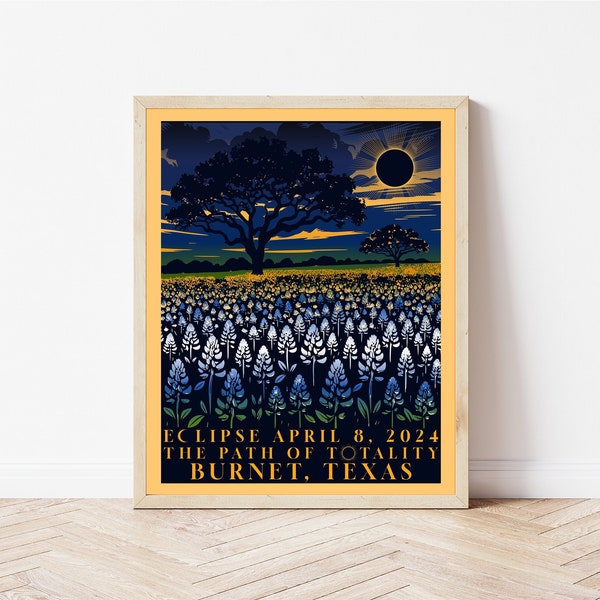 Burnet Total Solar Eclipse 2024 Poster | Texas Eclipse | Path of Totality Poster | Bluebonnet Eclipse Poster | Eclipse Art Print |