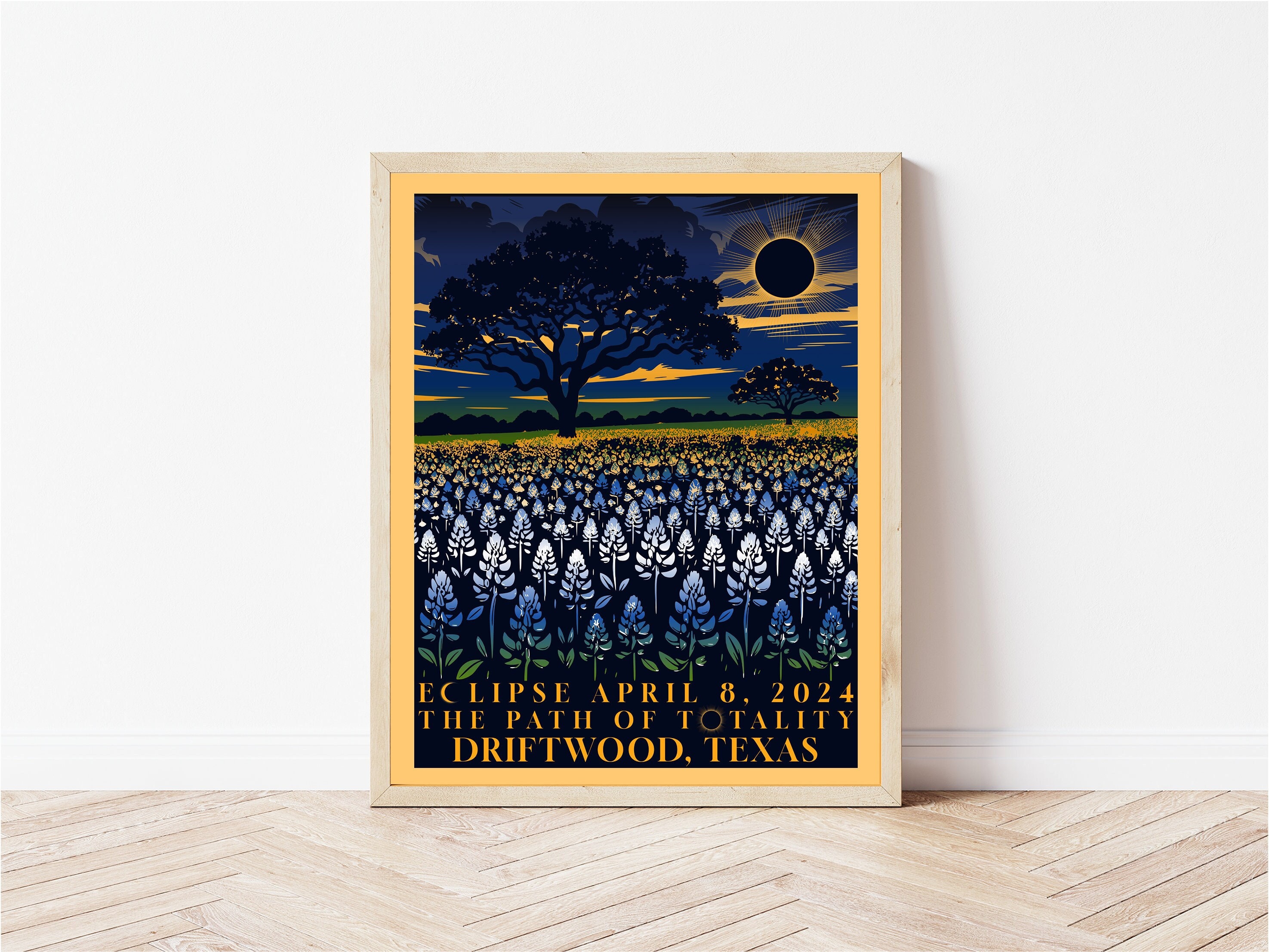 Driftwood Total Solar Eclipse 2024 Poster | Texas Eclipse | Path of Totality Poster | Bluebonnet Eclipse Poster | Eclipse Art Print |