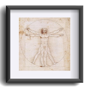 Op de afbeelding: Een zwart-witte lijntekening van een naakt mannelijk figuur in een vierkant en een cirkel. De figuur staat in een pose met uitgestrekte armen en gespreide benen. De tekening is een klassiek voorbeeld van Renaissancekunst.