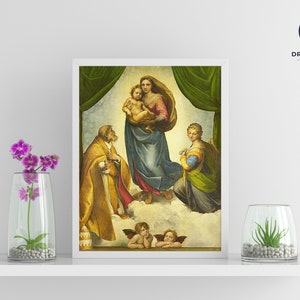 May include: A painting of the Madonna and Child with Saint Joseph and two angels. The Madonna is wearing a blue robe and holding the Christ child. Saint Joseph is standing to the left of the Madonna and is wearing a brown robe. The two angels are flying above the Madonna and Child.