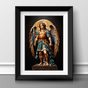 Könnte beinhalten: Ein gerahmter Druck eines Gemäldes, das einen Engel mit goldenen Flügeln, einem Schwert und einer blauen und goldenen Robe darstellt. Der Engel steht auf einem Sockel mit einem Heiligenschein über seinem Kopf.