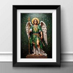 May include: A framed painting of a religious figure, an angel with wings, wearing a green robe and holding a staff. The angel is standing on a platform with a mosaic background.