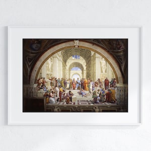 Könnte beinhalten: Ein Gemälde, das eine Gruppe von Menschen in einem großen, gewölbten Raum zeigt. Die Menschen sind in Kleidung aus der Renaissance gekleidet und versammeln sich um eine zentrale Figur. Das Gemälde ist vor dem Hintergrund eines strahlend blauen Himmels und einer Stadtlandschaft.