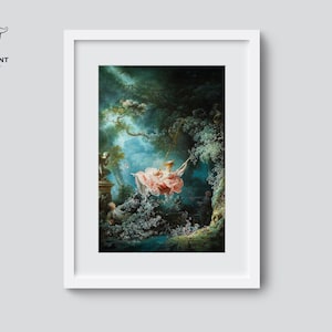 May include: A painting depicting a woman in a pink dress swinging on a rope swing in a verdant forest. The woman is surrounded by flowers and trees, and the sky is a pale blue.