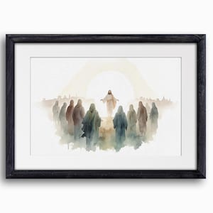 May include: A watercolour painting depicting a group of people in robes standing in a circle around a man in a white robe with his arms outstretched. The scene is set against a light background with a faint halo around the central figure.