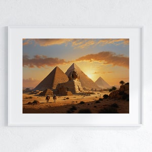 May include: A panoramic view of the Great Pyramids of Giza in Egypt at sunset. The Sphinx is in the foreground, with three pyramids in the background. The sky is a vibrant orange and pink, with clouds.