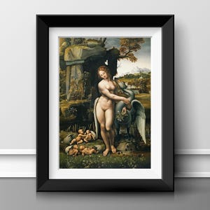 May include: Framed print of a Renaissance-style painting. A nude woman embraces a swan-like creature. Several babies are in cracked eggshells. The background features a landscape with trees, rocks, and a mountain.