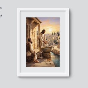 May include: A painting depicting a scene from the Bible, showing Jesus washing the feet of a man in a basin of water. The scene is set in a courtyard with a view of a city in the background. The painting is done in a realistic style with warm colors.