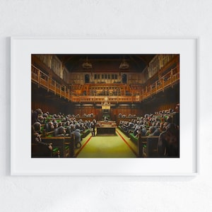 May include: A painting depicting a room full of chimpanzees dressed in suits, sitting in a parliamentary setting. The chimpanzees are seated in rows, facing a podium in the centre of the room. The room is decorated with wood panelling and ornate chandeliers.