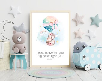 May include: A watercolor illustration of two owls in a hot air balloon with a rainbow and clouds. The text reads "Peace I leave with you, my peace I give you. John 14:27".