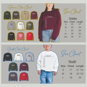 May include: Unisex and youth size charts for sweatshirts with color options. The unisex chart shows sizes from small to 2XL with chest and length measurements in inches. The youth chart shows sizes from small to large with chest and length measurements in inches.