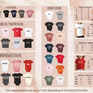 May include: A chart showing different colors and sizes for t-shirts, toddler/youth shirts, and bodysuits. The chart includes measurements for chest and length in inches. The text "The measurements may vary +/- 1 inch depending on the brand of the shirt" is at the bottom of the chart.