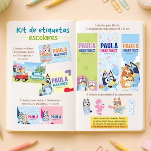 Può includere: Un set di etichette scolastiche con personaggi Bluey, che include etichette multiuso da 8 x 5 cm, etichette per quaderni da 28 x 10 cm ed etichette per matite da 4 x 5 cm. I design riportano il nome stampato Paula Martinez.