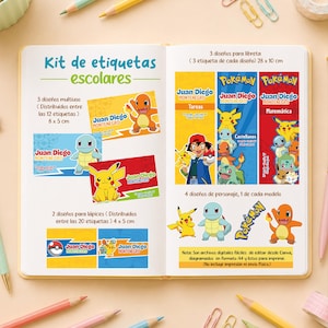 Può includere: Un set di etichette scolastiche stampabili con personaggi Pokémon come Pikachu, Charmander e Squirtle. I design includono il nome Juan Diego Montenegro, etichette per materie come matematica e compiti, e vari adesivi rettangolari di 8x5 cm, 28x10 cm e 4x5 cm.