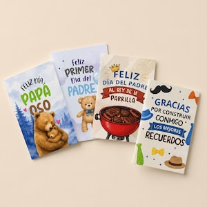 Puede incluir: Cuatro tarjetas de felicitación rectangulares con motivos del Día del Padre. Una muestra osos con el texto 'FELIZ DÍA PAPÁ OSO', otra un osito con 'FELIZ PRIMER DÍA DEL PADRE', una parrilla con 'FELIZ DÍA DEL PADRE AL REY DE LA PARRILLA' y otra con 'GRACIAS POR CONSTRUIR CONMIGO LOS MEJORES RECUERDOS'.