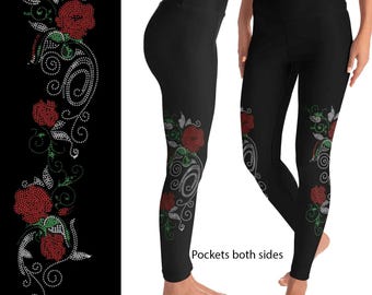 Promise Red Rose Vine Rhinestones Leggings with Pockets