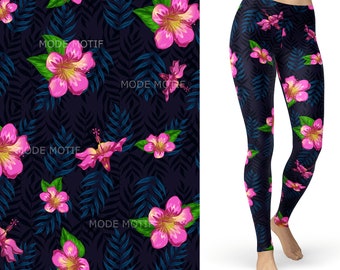 Tropical Night with Leaf and Pink Lilly Leggings with Pockets