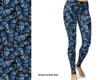 Blue Butterfly Leggings with Pocket Full Length