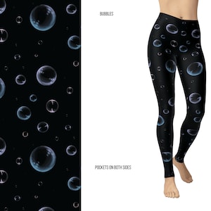 May include: Black leggings with a pattern of iridescent bubbles. The leggings have the words "BUBBLES" and "POCKETS ON BOTH SIDES" printed on them.
