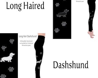 Long Haired Dachshund Rhinestone Leggings with Pockets - White or Black Glitter