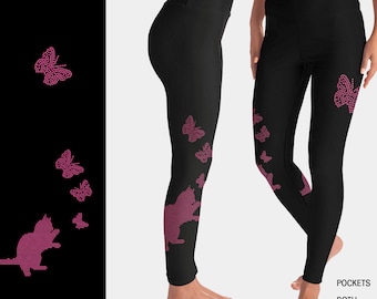 Kitty Butterfly  Rhinestone Leggings with Pockets
