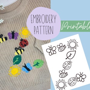 May include: Printable embroidery pattern featuring a bee, butterfly, ladybug, sun, and leaf. The pattern is on a white background with black lines.
