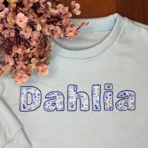 May include: A light blue sweatshirt with the name "Dahlia" embroidered in blue and white floral fabric.