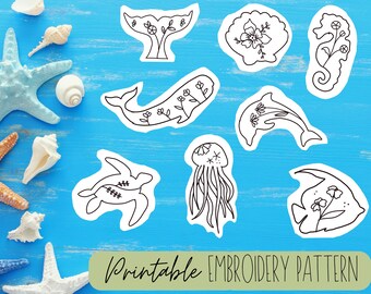 Ocean Animal Embroidery Designs: Floral Stick & Stitch DIY (Digital Download)