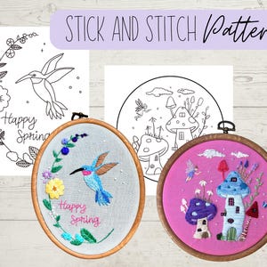 May include: Two embroidery hoop patterns, one with a hummingbird and flowers and the text "Happy Spring", and the other with a mushroom house and the text "Happy Spring".