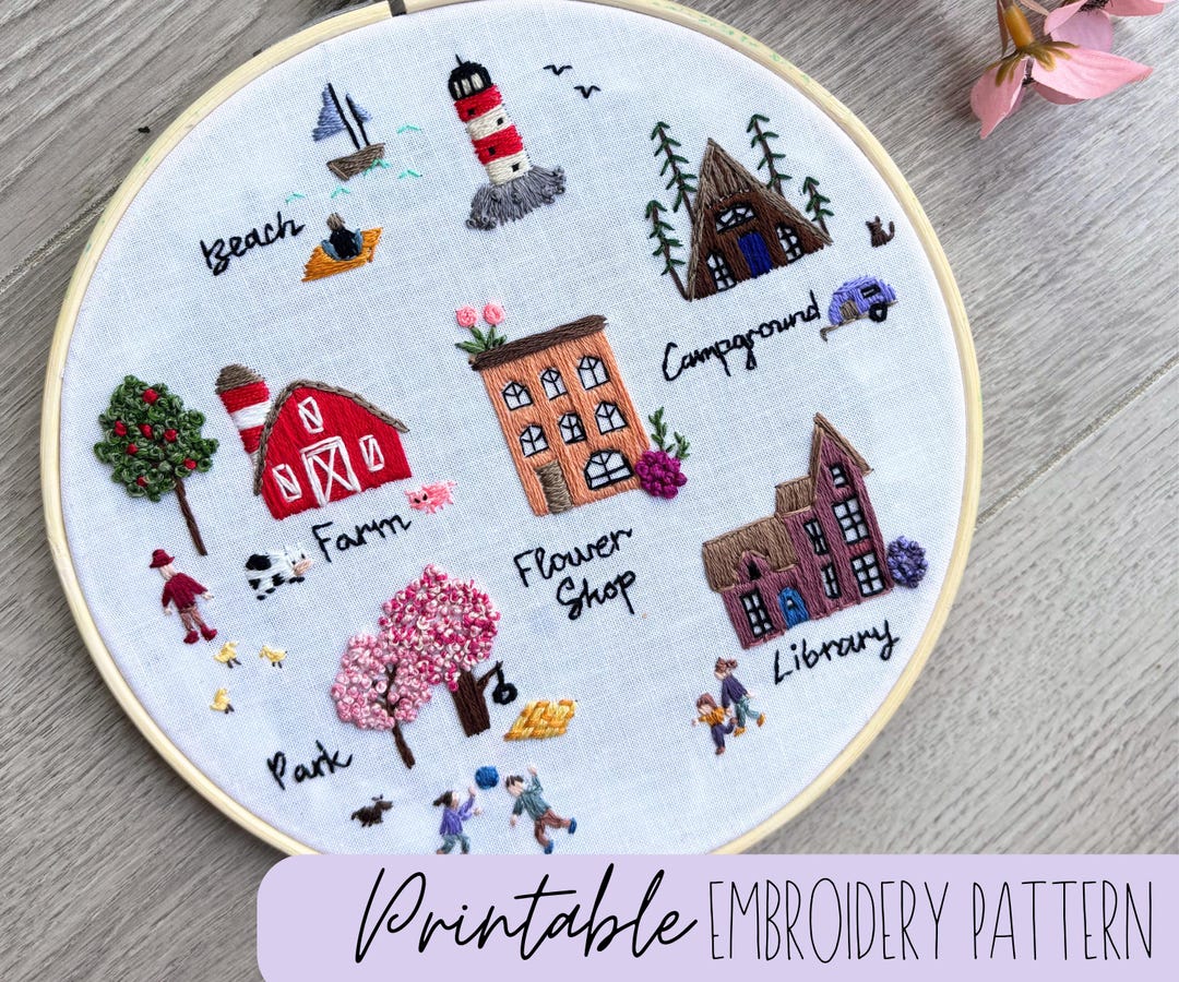 Village Map Hand Embroidery Pattern: Farm, Beach, Park (digital ...