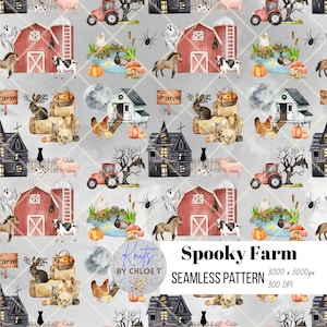 Halloween Farm Themed Seamless Pattern for Fabric| Seamless File | Spooky Animals | Digital Download | Commercial Use | 300 DPI | Background