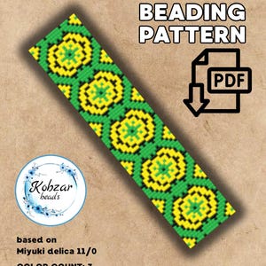 May include: A green, yellow, and black beaded loom pattern with floral designs. The pattern is based on Miyuki Delica 11/0 beads and has a color count of 3. The size is 19 x 83. The image also includes the text "LOOM BEADING PATTERN" and "PDF".