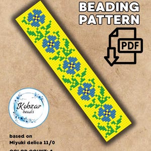 May include: A yellow loom beading pattern with blue floral designs and green leaves. The pattern is based on Miyuki Delica 11/0 beads and has a color count of 4. The size is 17 x 83. The image also includes the text "LOOM BEADING PATTERN" and a PDF icon.
