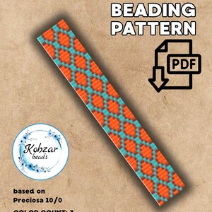May include: A loom beading pattern in PDF format. The design features a repeating pattern of orange and turquoise hexagonal shapes. The pattern is 14 inches by 60 inches and based on Preciosa 10/0 beads. The color count is 3.
