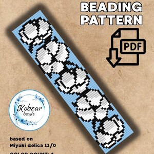 May include: A loom beading pattern in PDF format. The design features a repeating pattern of white and gray pixelated flower-like shapes on a light blue background. The pattern is based on Miyuki Delica 11/0 beads and is 19 x 83 units in size.