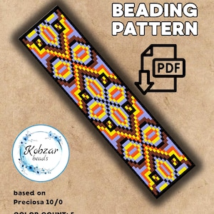 May include: A loom beading pattern in PDF format. The design features a geometric pattern in shades of yellow, orange, brown, blue, and black. The text "LOOM BEADING PATTERN" is at the top. The size is 23 x 63.