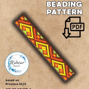 May include: A loom beading pattern in a PDF format. The design features a geometric pattern in shades of brown, orange, yellow, and green. The text on the image reads "LOOM BEADING PATTERN" and "Kobzar beads". The size is 15x63.