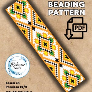 May include: A loom beading pattern in PDF format. The design features a geometric pattern in orange, white, yellow, green, and black. The pattern is based on Preciosa 10/0 beads and has a size of 21 x 63. The color count is 5.