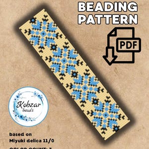 May include: A loom beading pattern in PDF format. The design features a repeating pattern of blue and black floral shapes on a beige background. The pattern is based on Miyuki Delica 11/0 beads and is 19 x 83 units in size.
